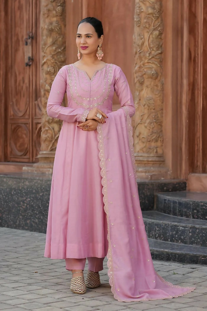 The52 Pink Women's Gorgeous Vichitra Silk Fabric Embroidered Work Flared Anarkali Pant and Dupatta Set