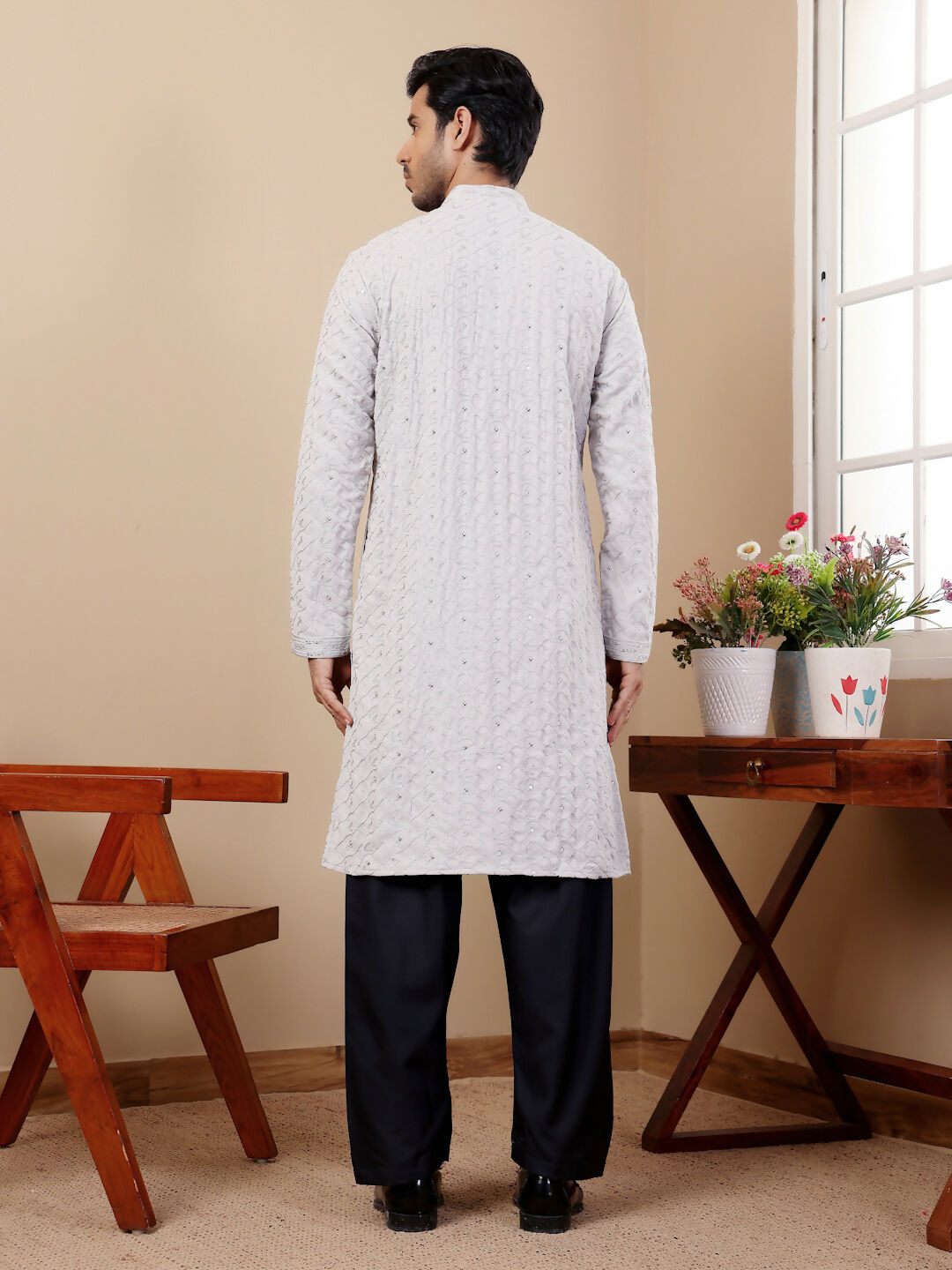 Light Blue Linen Designer Embroidery Work Men's Rajwadi Kurta Set - Mahotsav