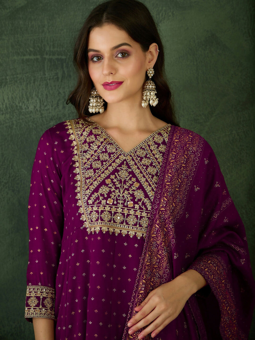 The52 Wine Women's Gorgeous Embroidered Work Vichitra Silk Fabric Flared Kurta Pant and Dupatta Set