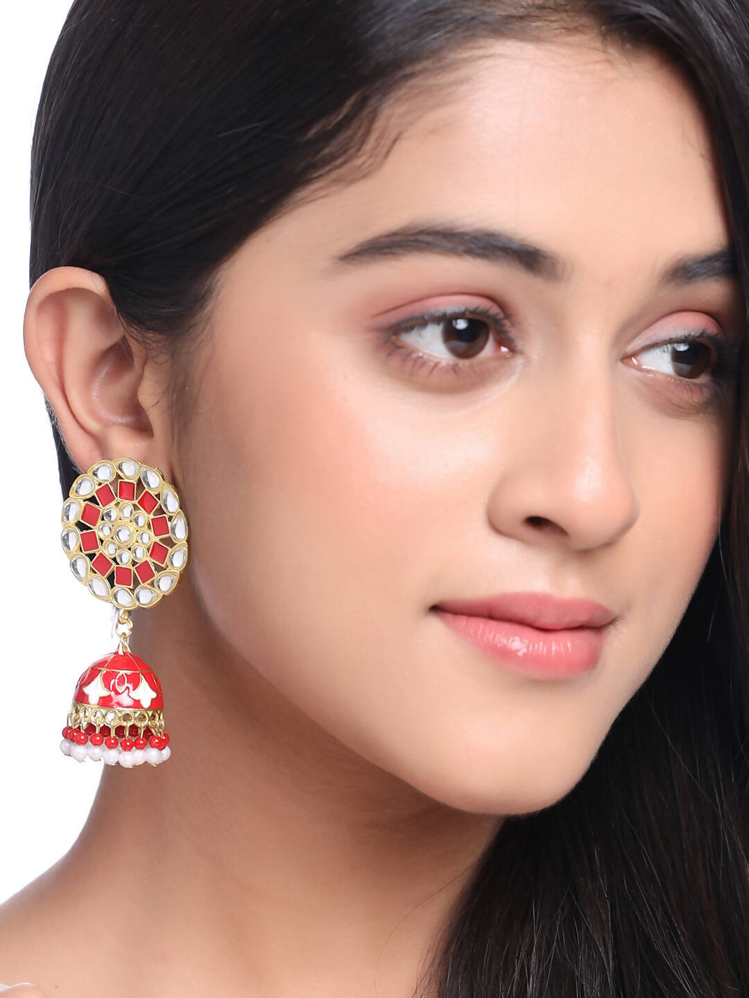NVR Women Gold-Polished Red Dome Shaped Meenkari Jhumkas Earrings