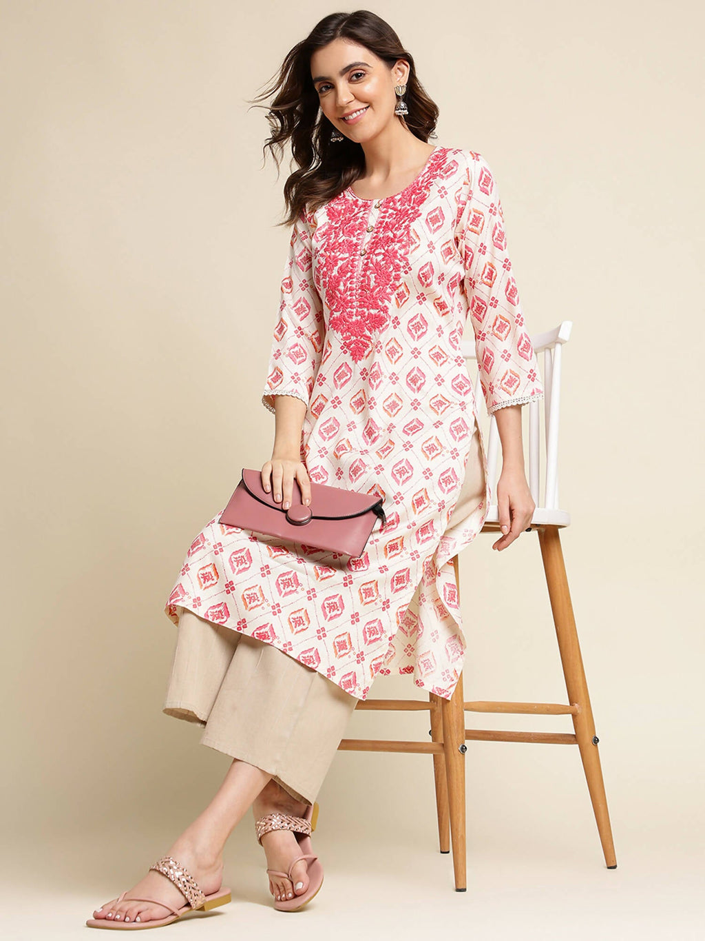 Pink Poly Rayon Aztec Printed Straight Fit Kurta - Prasuti
