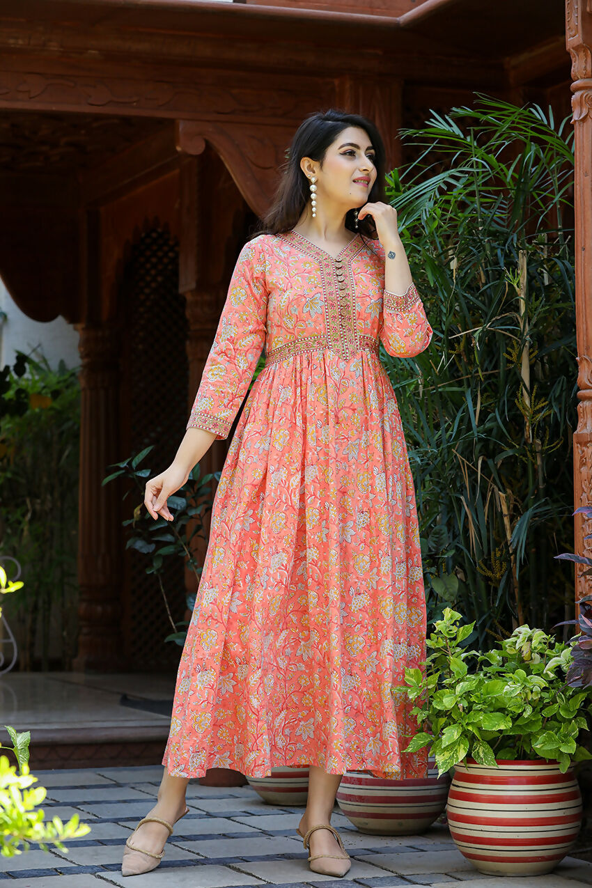 Kaajh Women's Light Orange Floral Handblock Printed Cotton Dress
