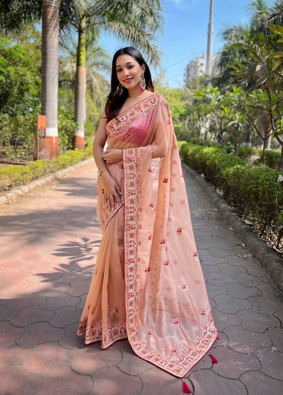 Vastranavya Twill Net Designer Embroidery & Colour Thread & Diamond work Saree with Blouse Material - Peach