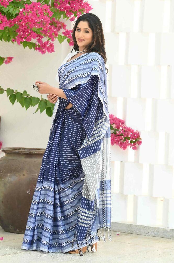 Beatitude Blue Cotton Tanchori Handloom Saree