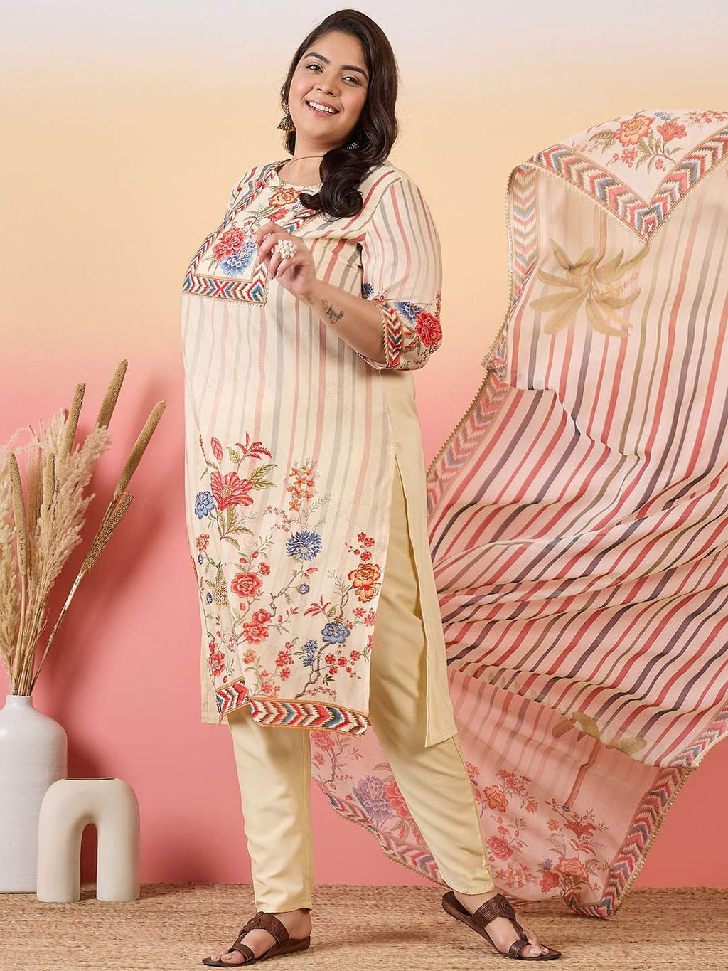 Sztori Women Floral Yoke Design Regular Kurta with Trousers & With Dupatta