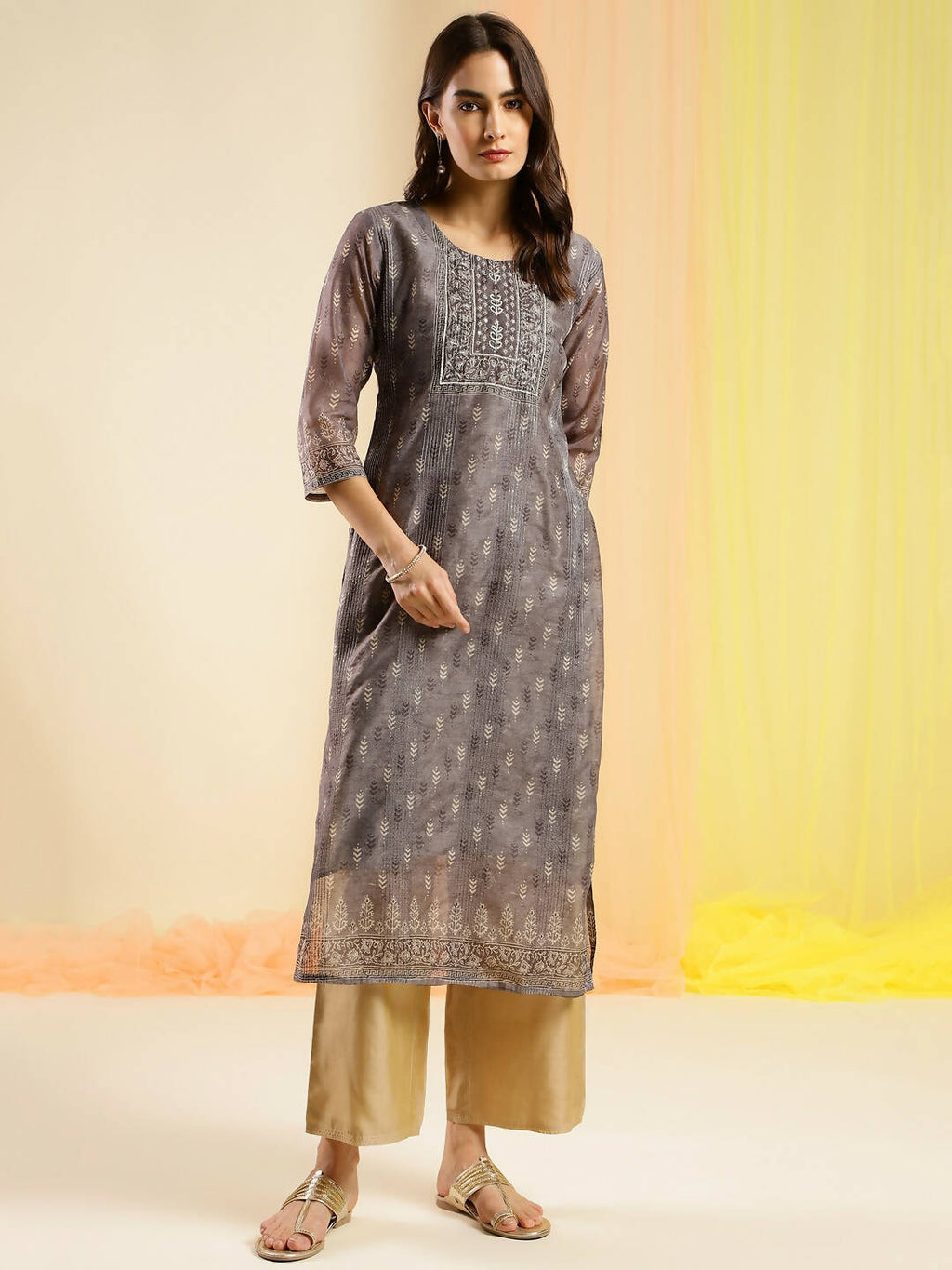Grey Chinon Digital Printed With Hand Work Kurta - Himanshi
