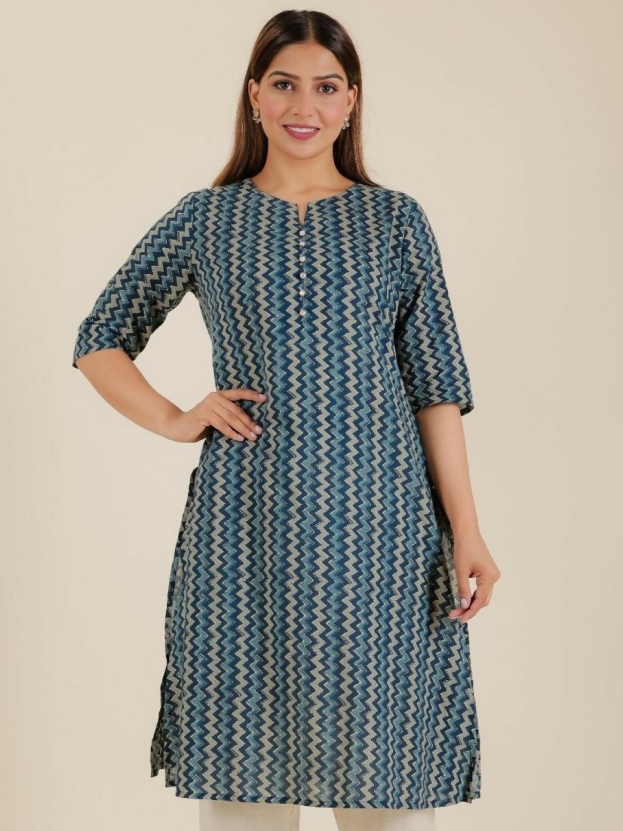 Aramya Blue Soft Cotton Chevron A-line Kurta for Women