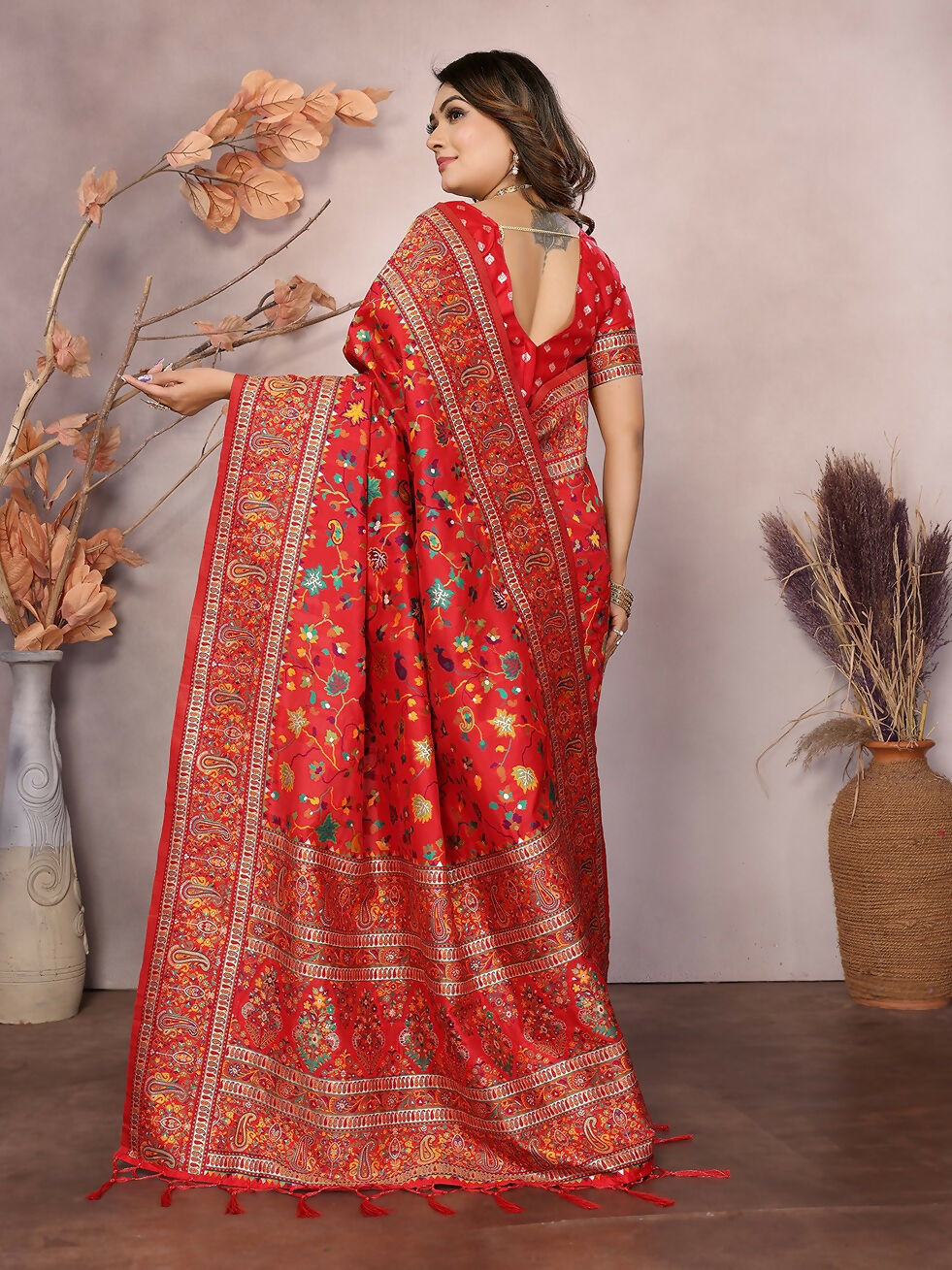 Joban Fashion Red Meena Weaves Pashmina Sarees