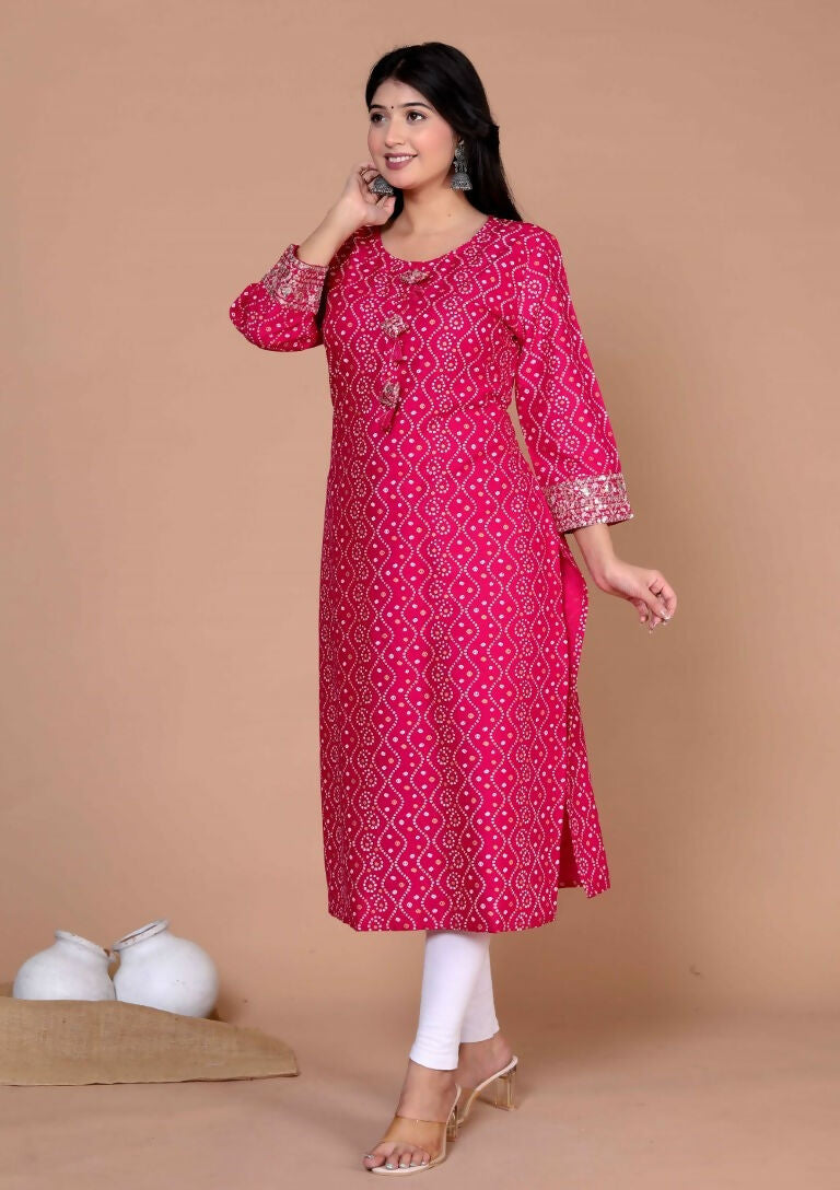 Miravan Women's Embroidered Pink Bandhani Pakistani Straight Kurti