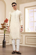 Raivat Ethnic Art Silk Thread Work Kurta Pajama In Beige Colour