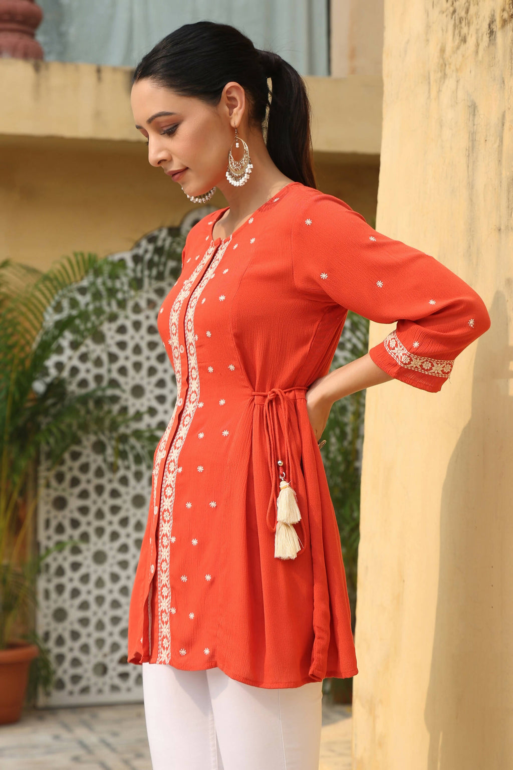 Juniper Women's Orange Rayon Crepe Embroidered Tunic