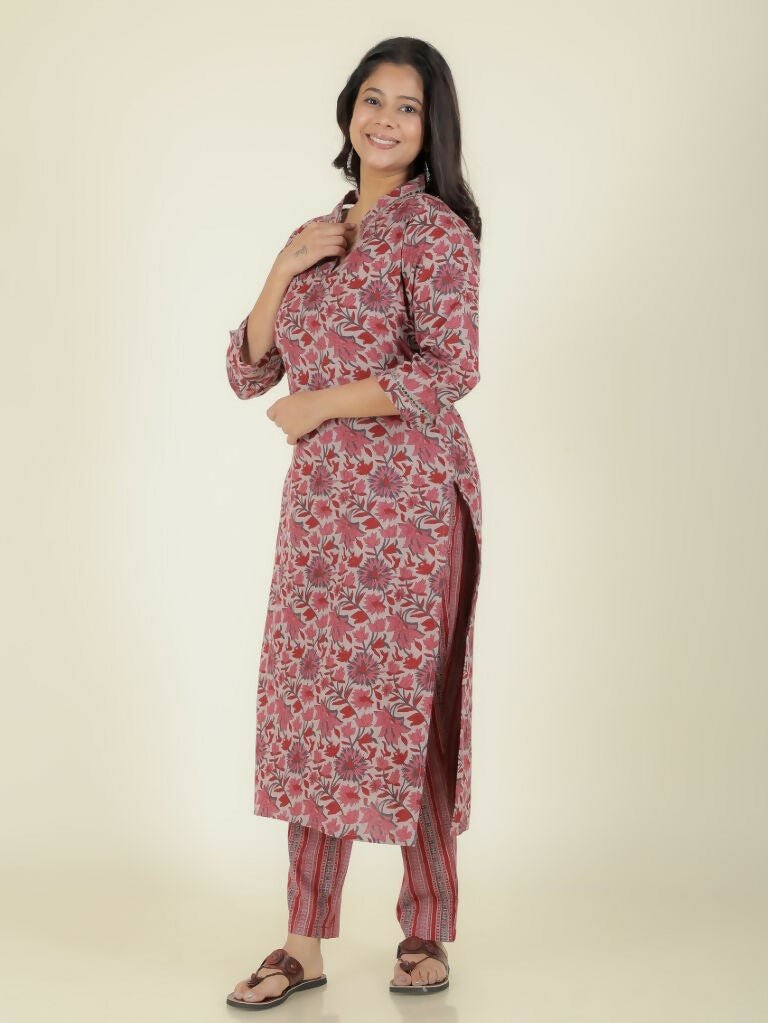 Aramya Straight Linen Cotton Floral Print Women's Kurta Set - Grey