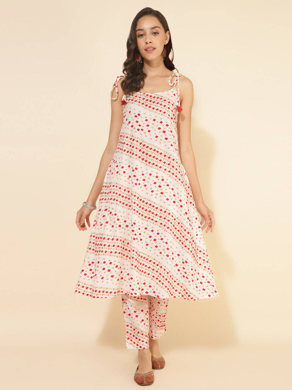 Janasya Women's White Cotton Geometric Printed Casual A-line Co-ords