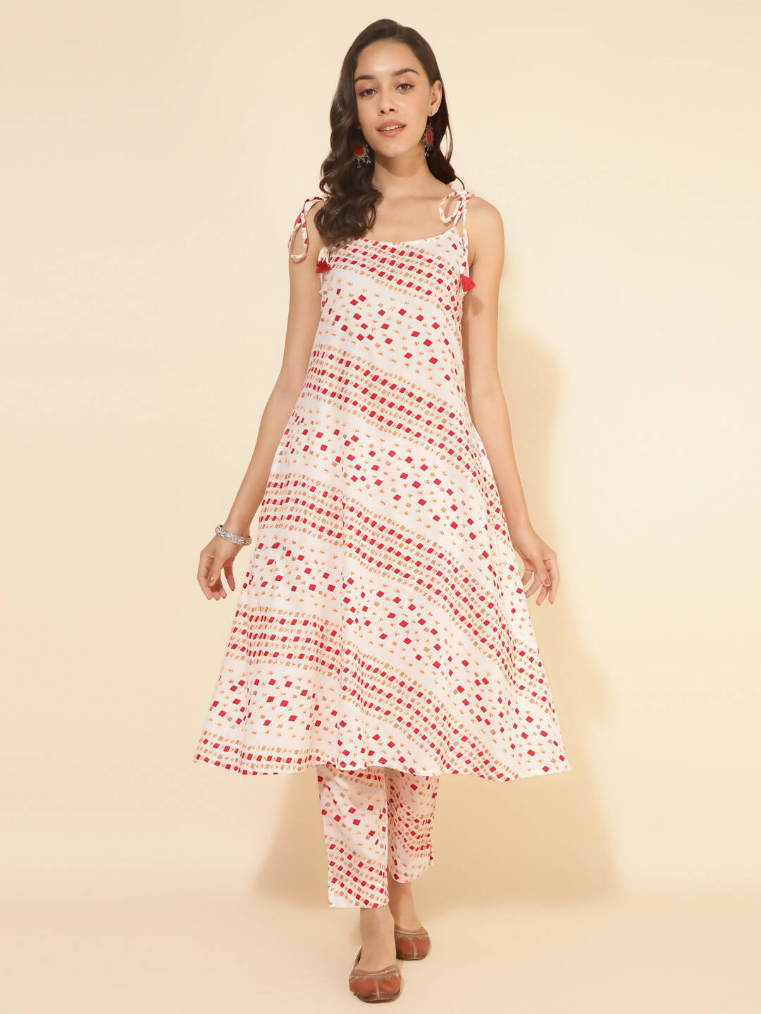 Janasya Women's White Cotton Geometric Printed Casual A-line Co-ords