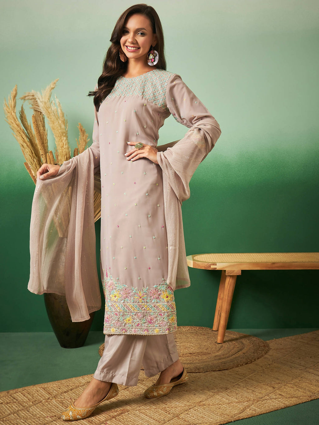 Light Brown Georgette Handwork Unstitched Dress Material - Hanika