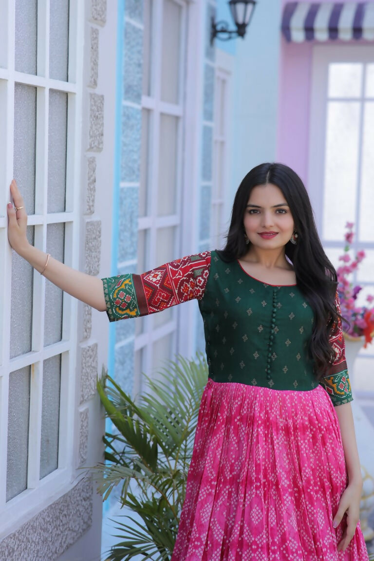 Jyoti Fashion Women's Pink Patola with Foil Print Dola Silk Anarkali Dress