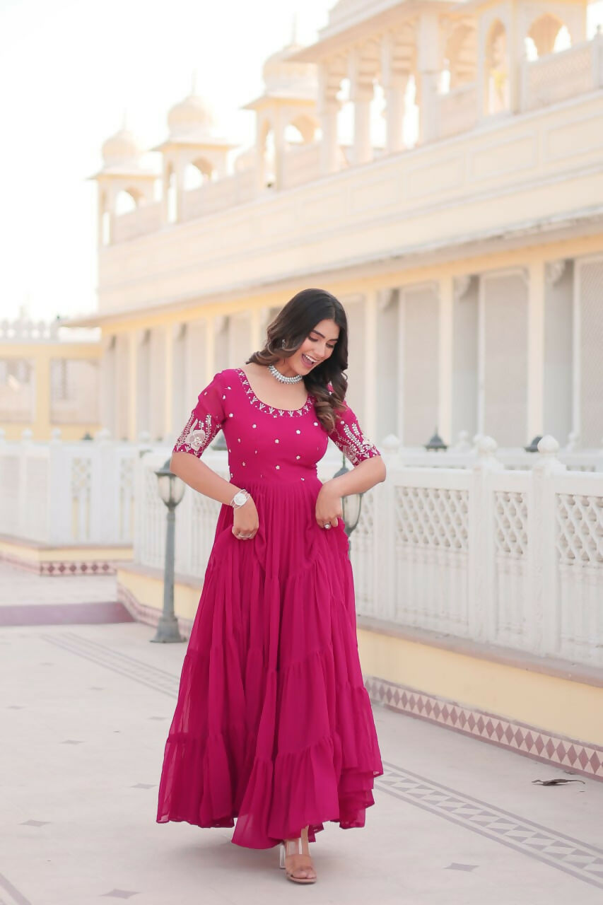 Vastranavya Premium Designer Faux Blooming with Embroidery Zari Sequins work Gown - Pink