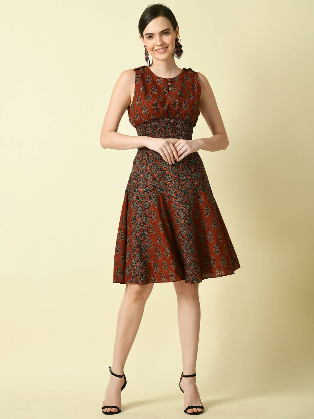 Myshka Women's Rust Pure Cotton Printed Flared Skirt