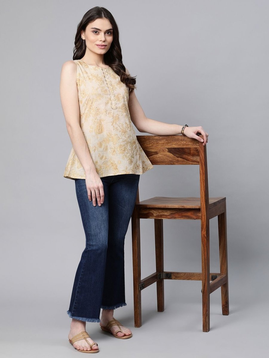 Ahalyaa Women Beige Cotton Gold Printed Tunic
