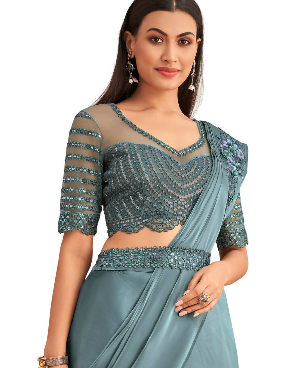 Blue Satin Embroidered Ready To Wear Saree With Unstitched Blouse Piece - Nandika