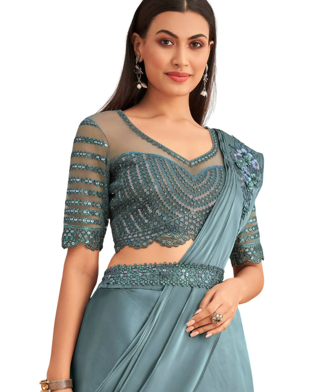 Blue Satin Embroidered Ready To Wear Saree With Unstitched Blouse Piece - Nandika