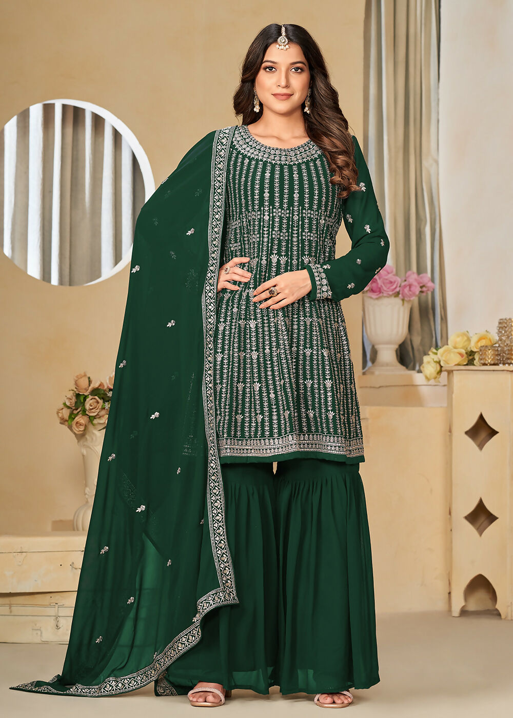 Faux Georgette Green Embroidered Gharara Style Suit - Emponline