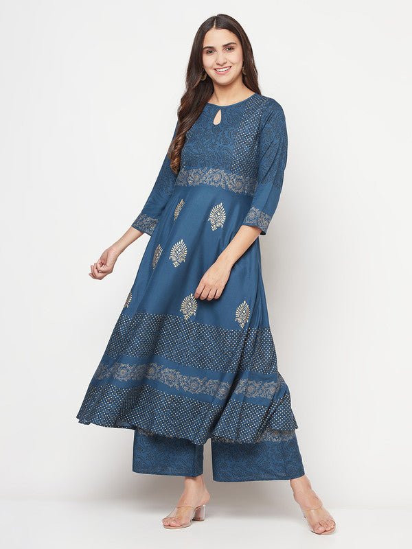 Aniyah Rayon Block Print Blue Anarkali Kurta