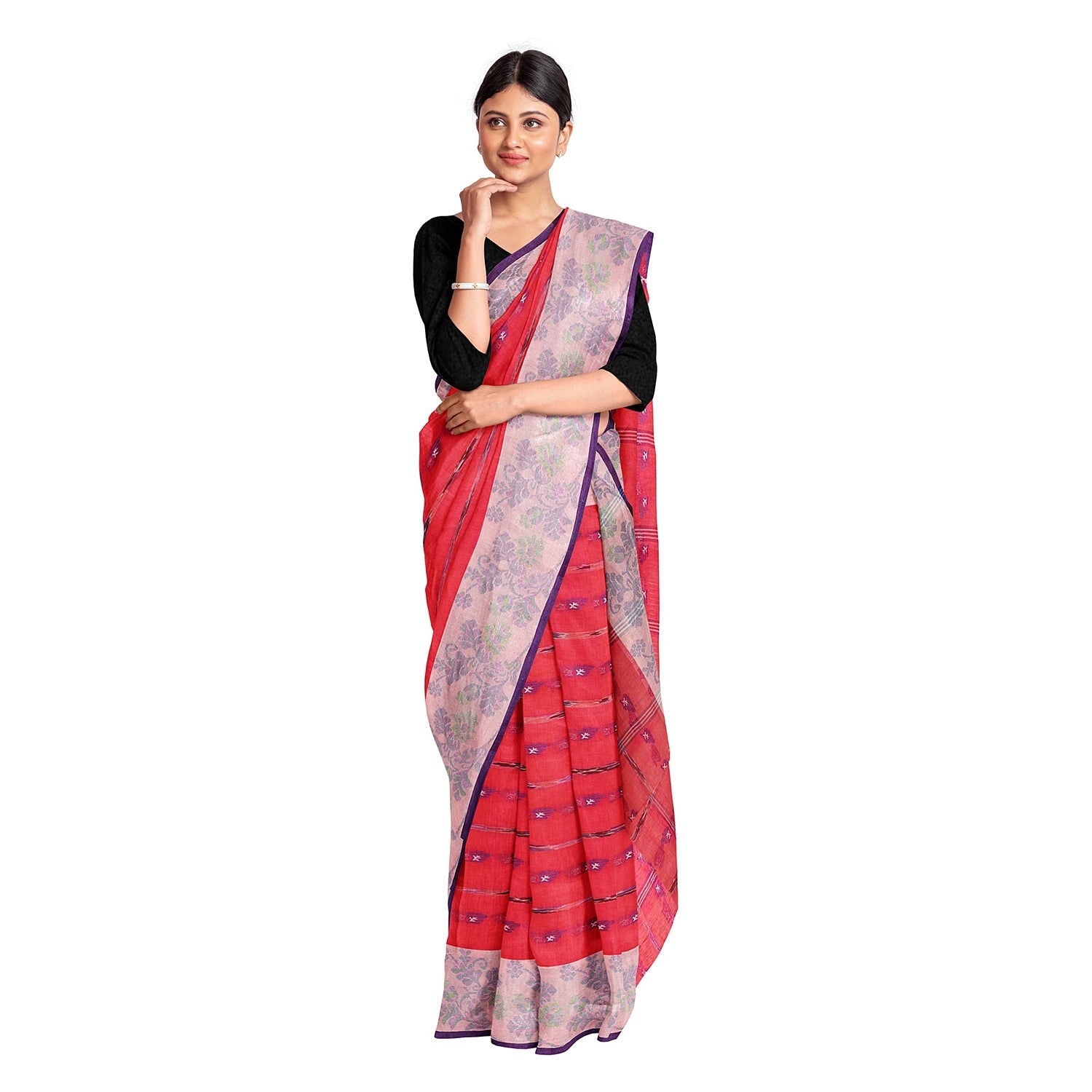 Exclusive Collection 100% Pure Cotton Red Tant Saree With Hand Weaving Work