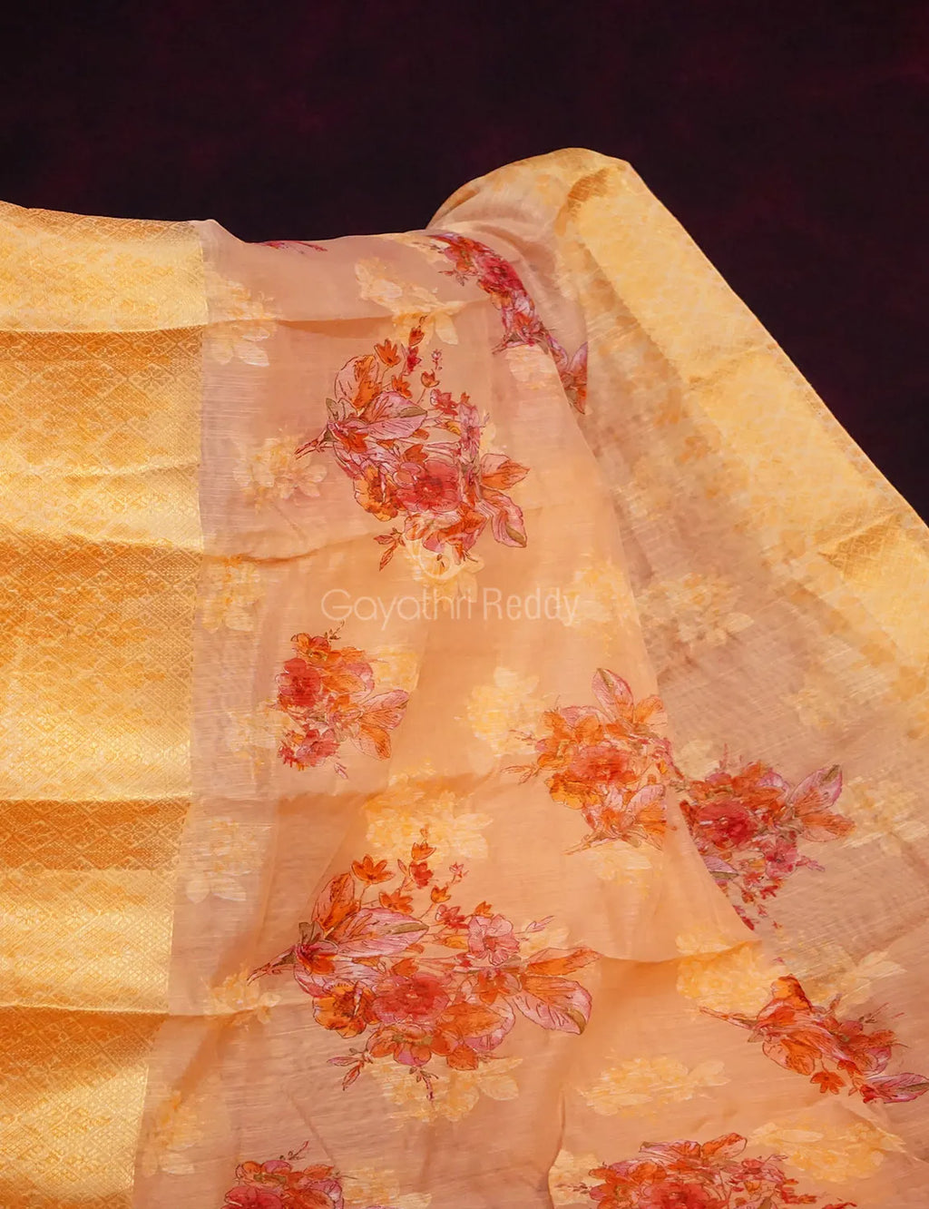Baby Pink Colour With Golden Blouse Floral Print Semi Chanderi Saree By Gayathri Reddy Designer Studio