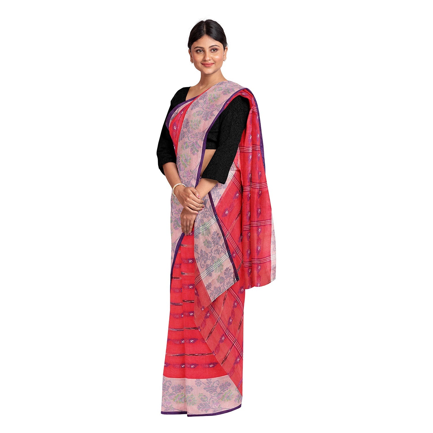 Exclusive Collection 100% Pure Cotton Red Tant Saree With Hand Weaving Work