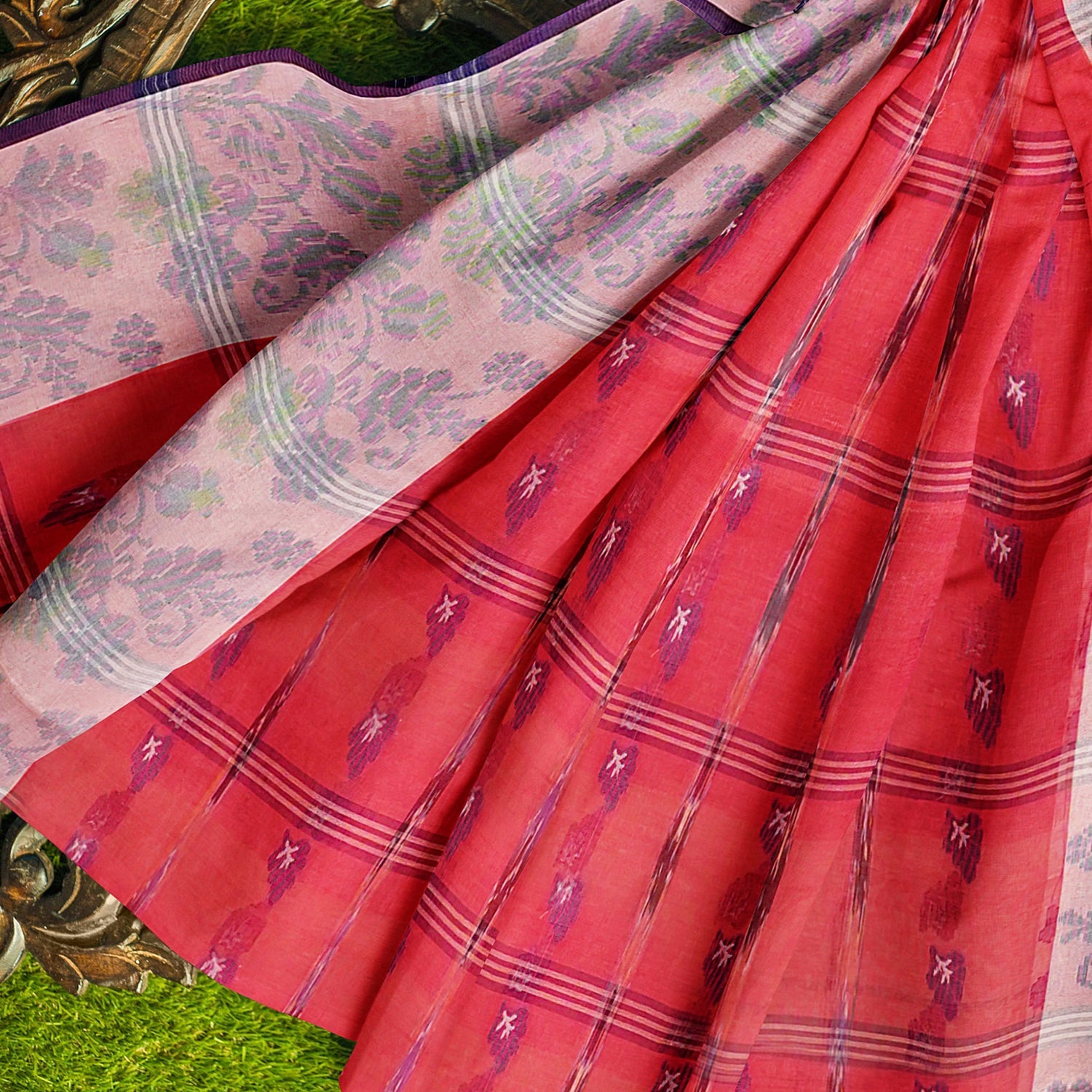 Exclusive Collection 100% Pure Cotton Red Tant Saree With Hand Weaving Work