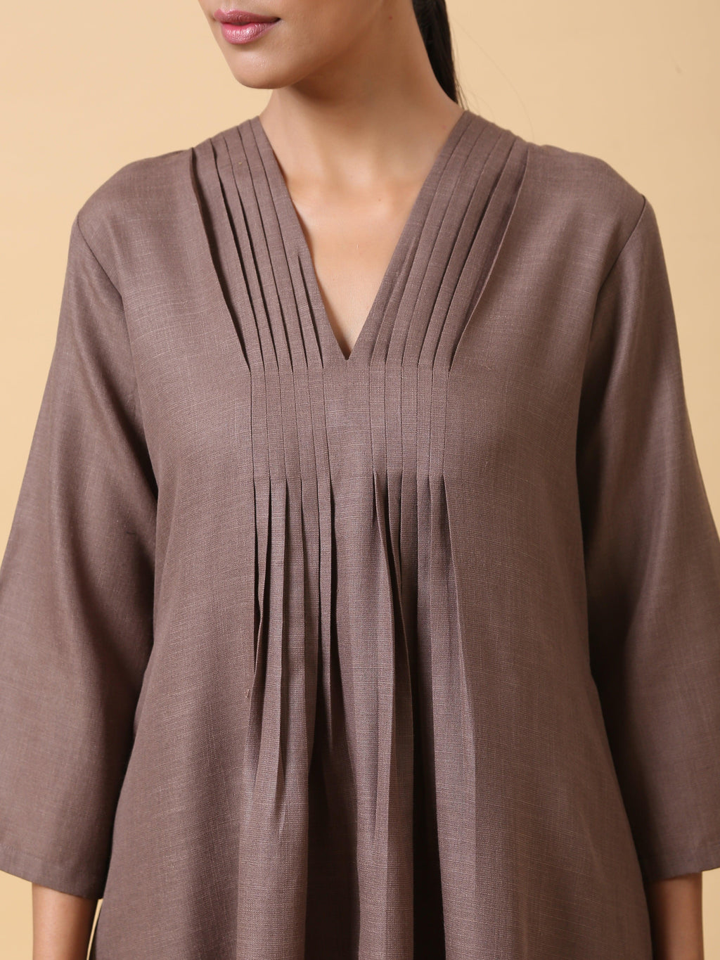 trueBrowns Cotton Linen Burnt Brown Pleated Co-Ord Set