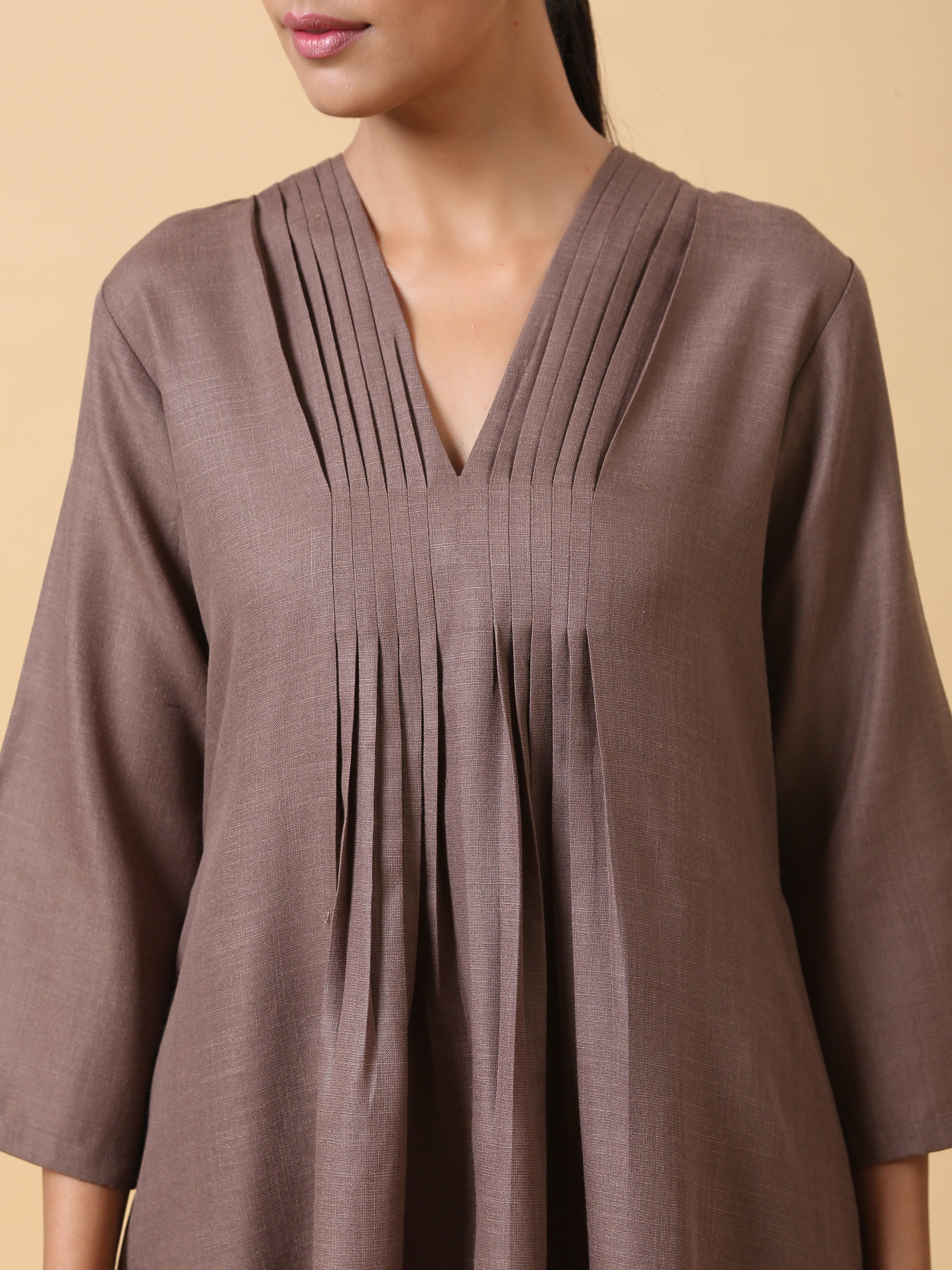 trueBrowns Cotton Linen Burnt Brown Pleated Co-Ord Set