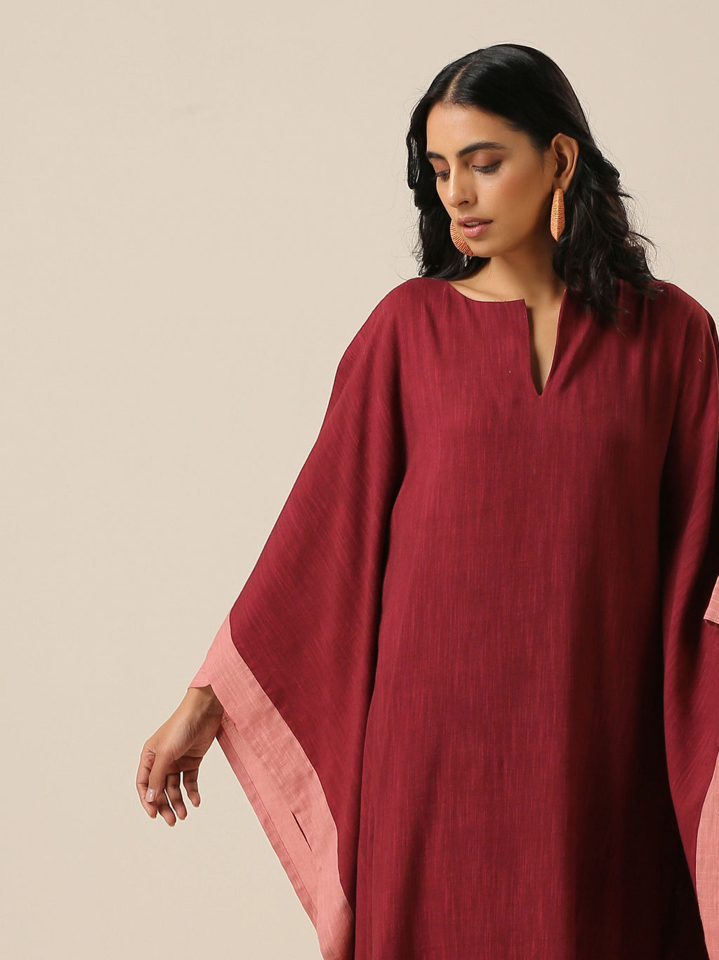 trueBrowns Ruby Wine Slub Texture High Low Kaftan Pant Set