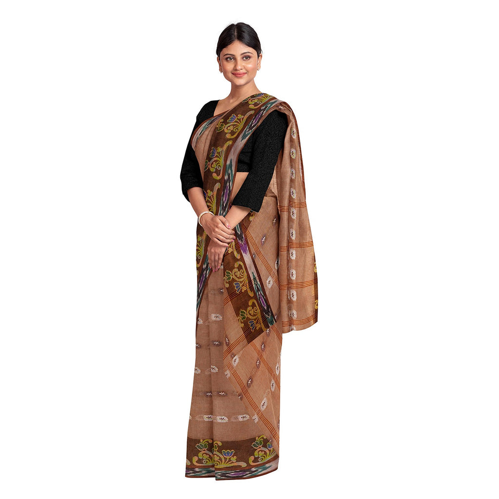 Exclusive Collection 100% Pure Cotton Brown Tant Saree With Hand Weaving Work