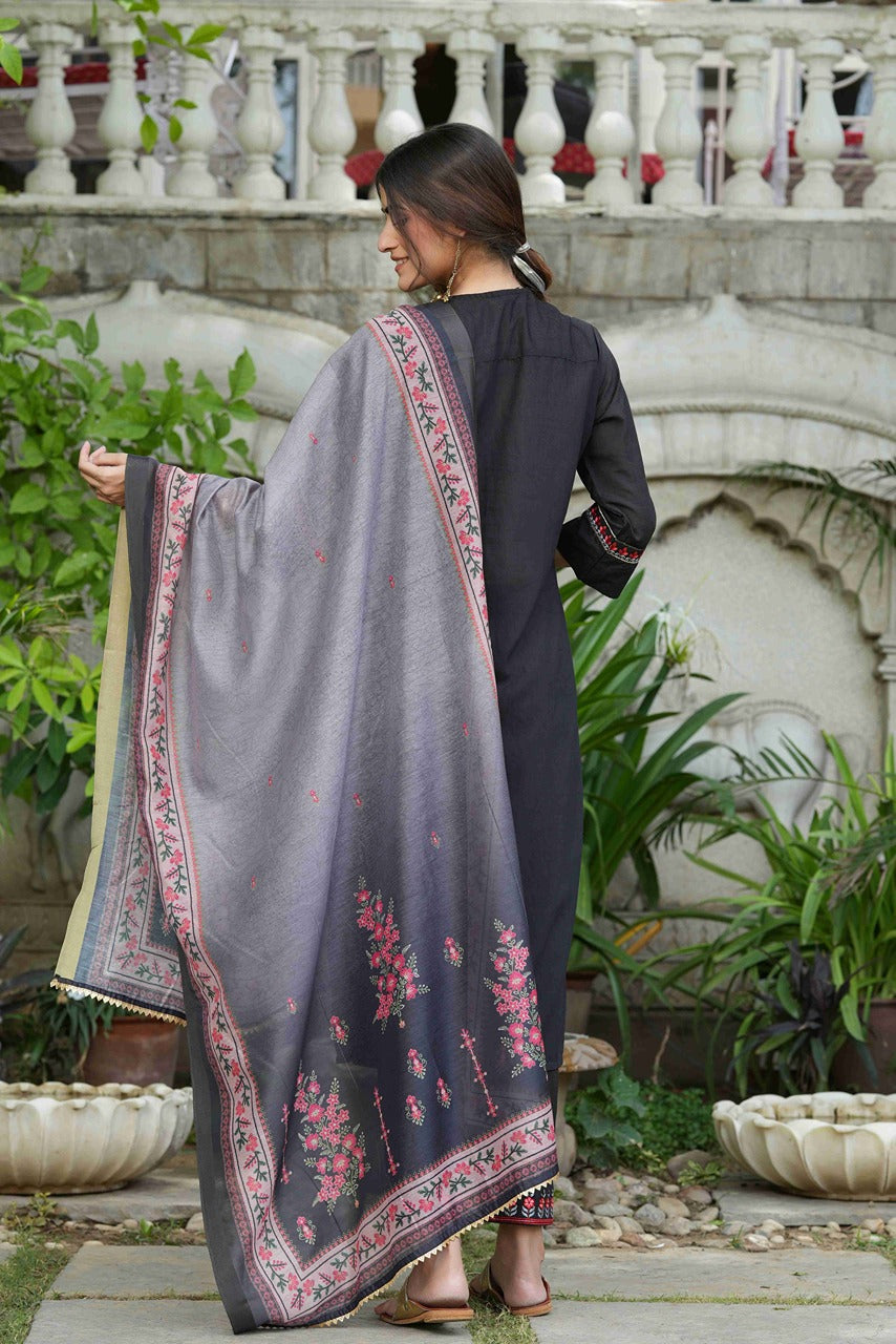 Juniper Black Mono Viscose Festive Wear Embroidered Straight Kurta Pant Dupatta Set