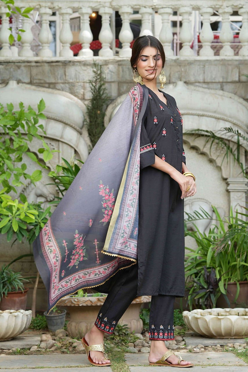 Juniper Black Mono Viscose Festive Wear Embroidered Straight Kurta Pant Dupatta Set