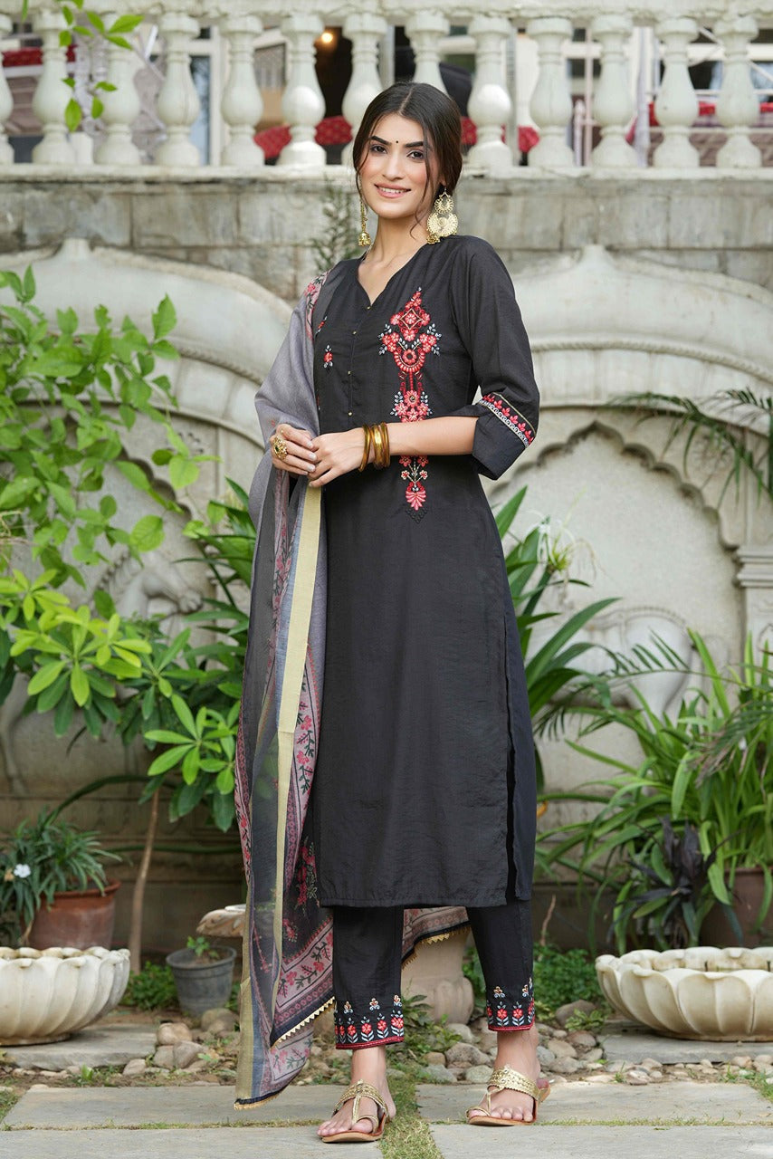 Juniper Black Mono Viscose Festive Wear Embroidered Straight Kurta Pant Dupatta Set
