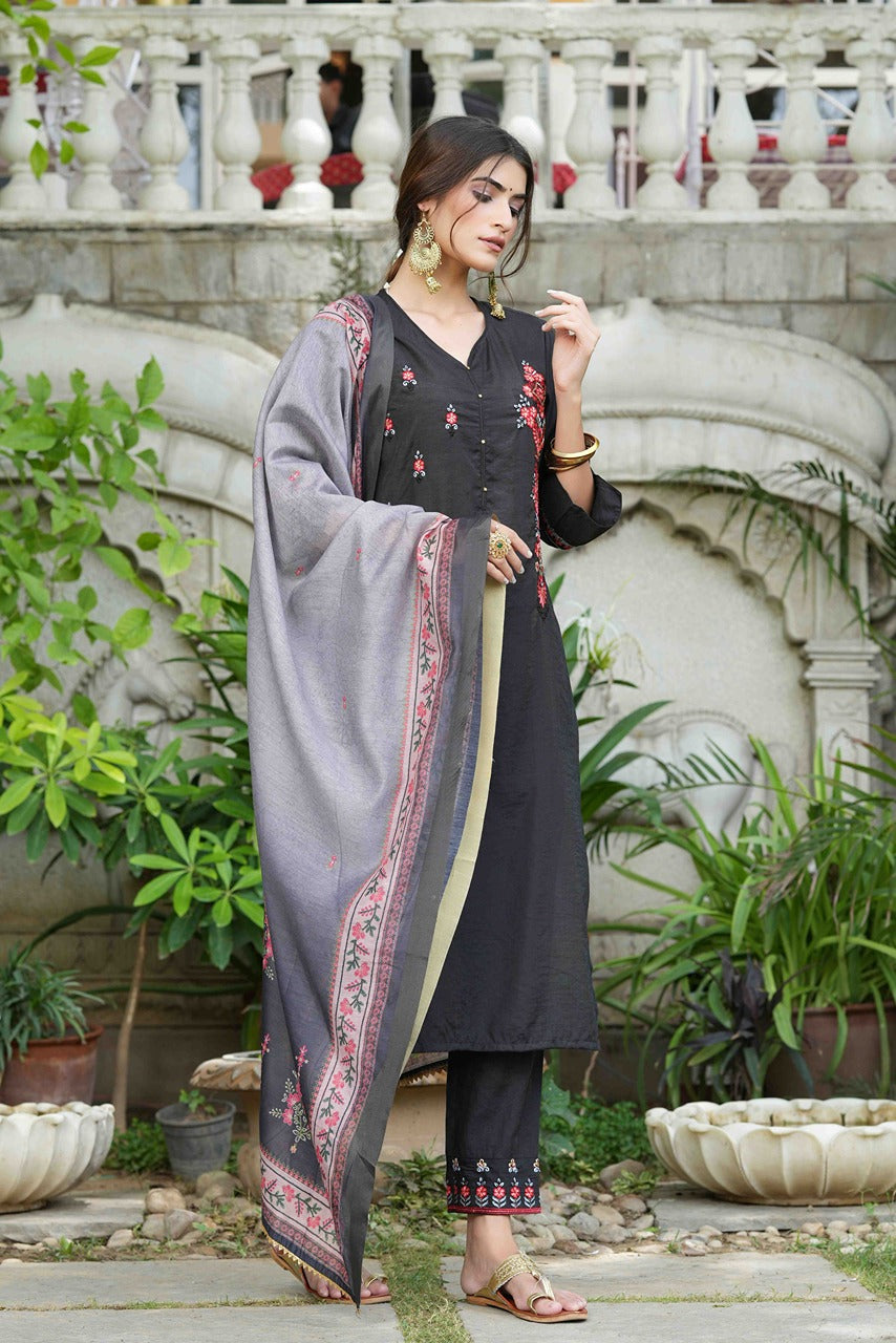 Juniper Black Mono Viscose Festive Wear Embroidered Straight Kurta Pant Dupatta Set