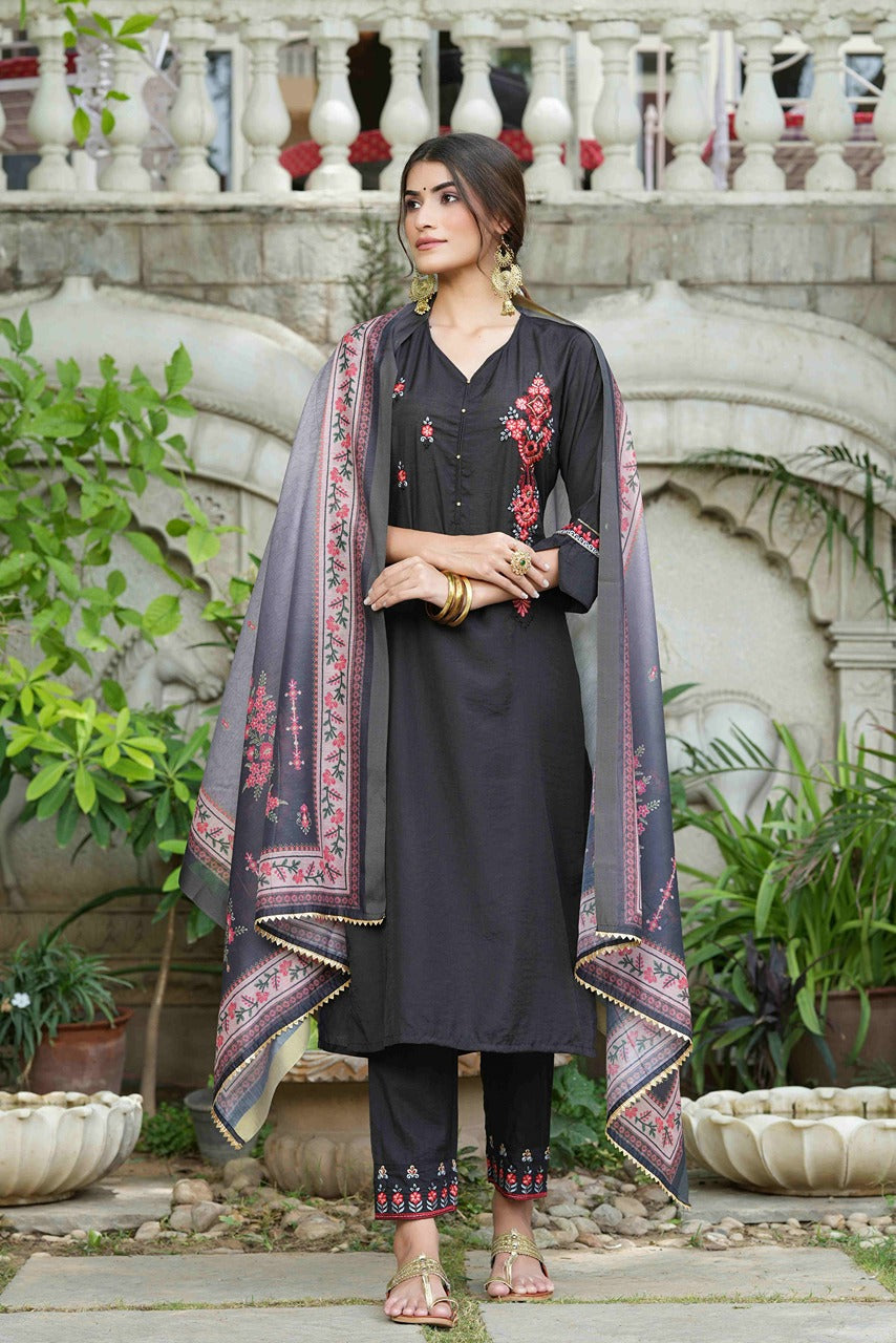 Juniper Black Mono Viscose Festive Wear Embroidered Straight Kurta Pant Dupatta Set
