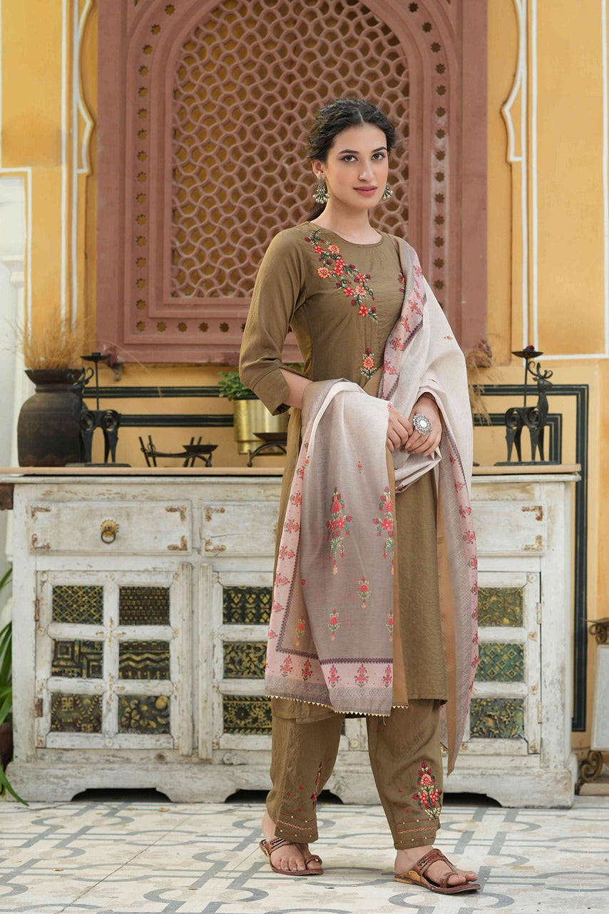 Juniper Women's Olive Mono Viscose Straight Embroidered Kurta Pant Dupatta Set