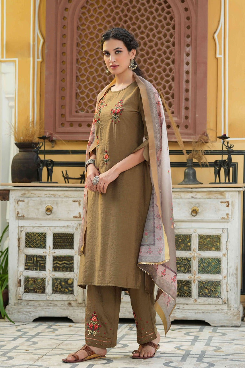 Juniper Women's Olive Mono Viscose Straight Embroidered Kurta Pant Dupatta Set
