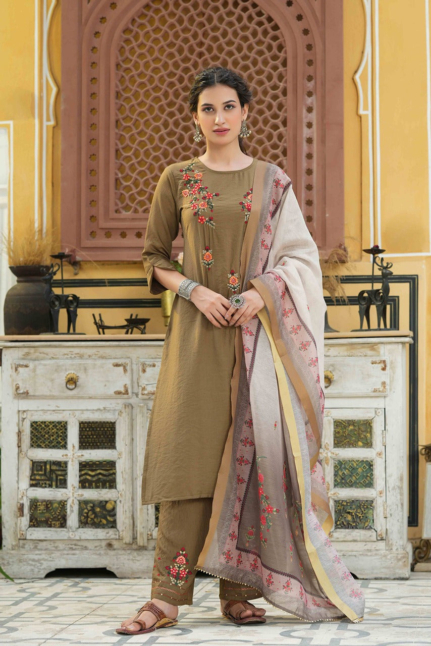 Juniper Women's Olive Mono Viscose Straight Embroidered Kurta Pant Dupatta Set