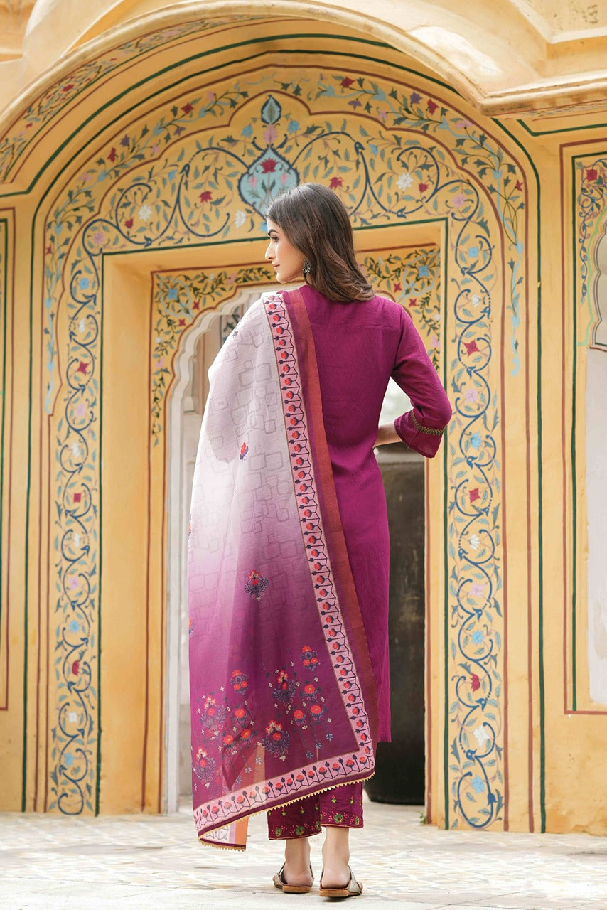 Juniper Maroon Mono Viscose Festive Wear Embroidered Straight Kurta Pant Dupatta Set