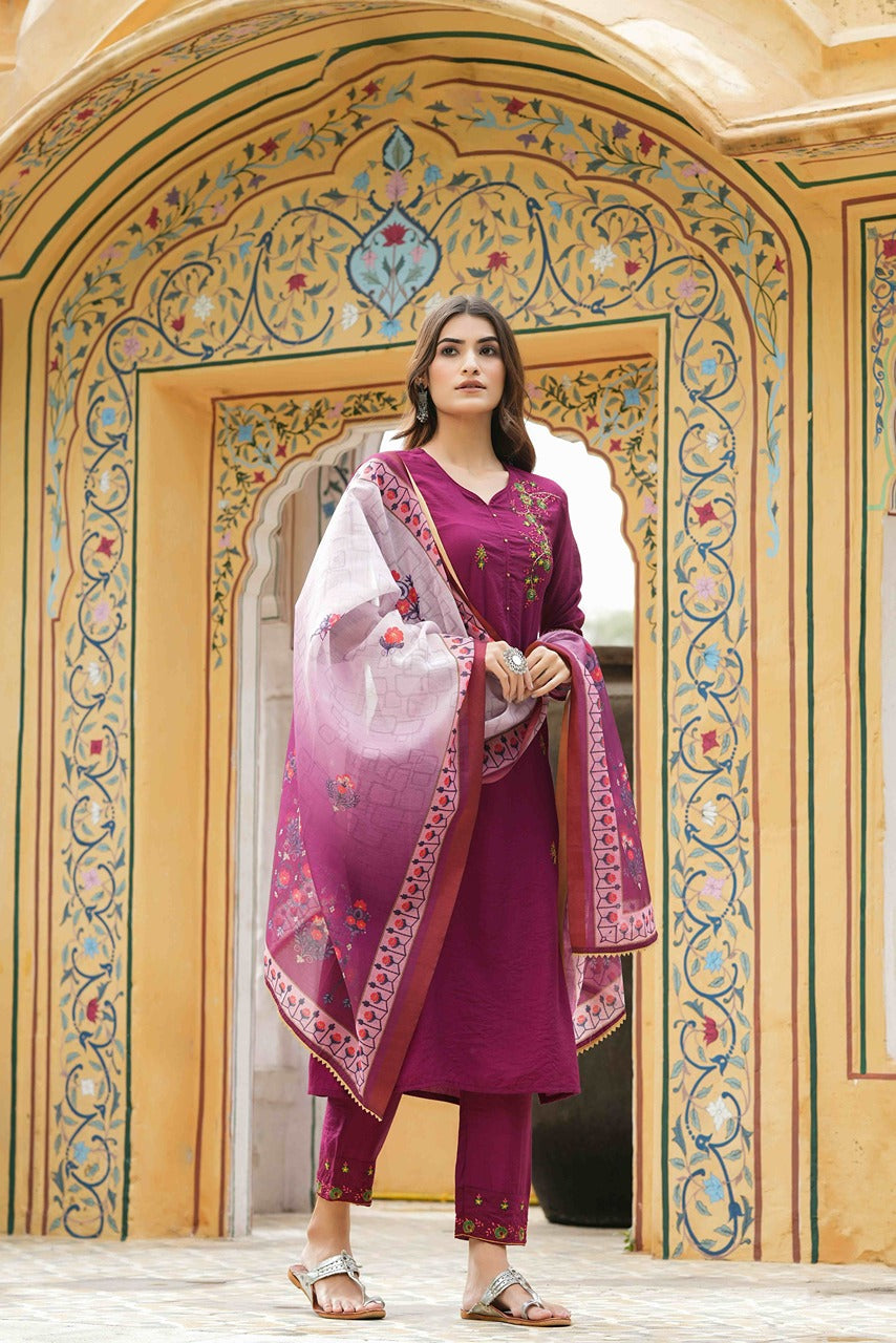 Juniper Maroon Mono Viscose Festive Wear Embroidered Straight Kurta Pant Dupatta Set