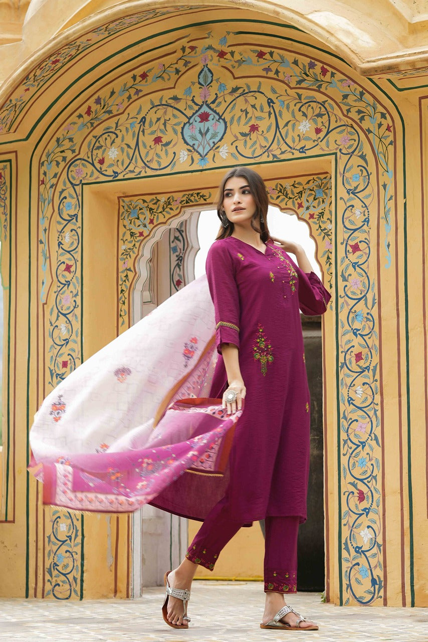 Juniper Maroon Mono Viscose Festive Wear Embroidered Straight Kurta Pant Dupatta Set