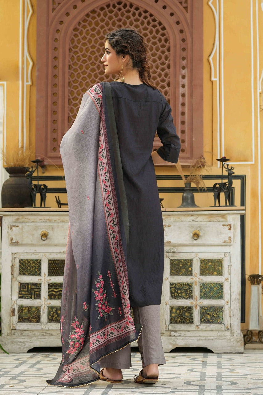 Juniper Dark Grey Mono Viscose Festive Wear Embroidered Straight Kurta Palazzo Dupatta Set