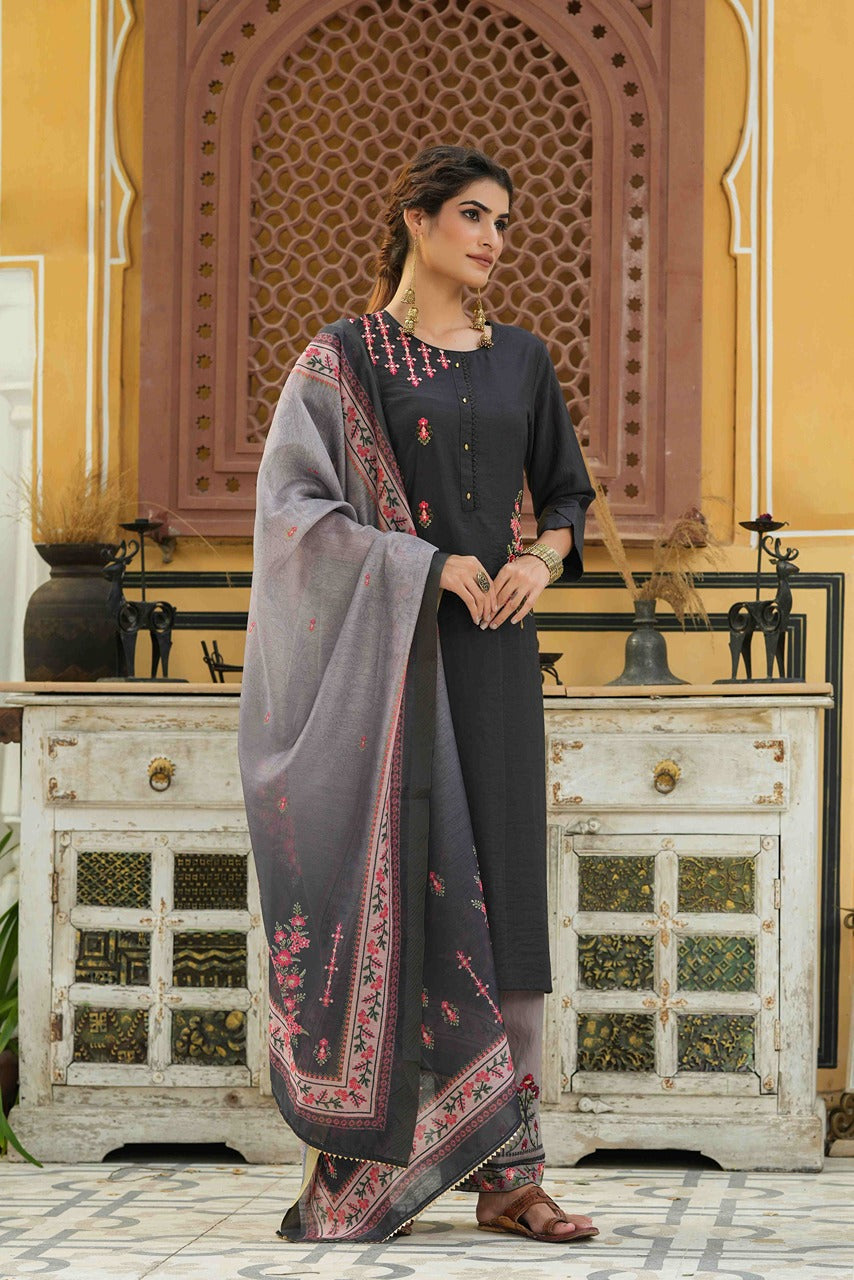 Juniper Dark Grey Mono Viscose Festive Wear Embroidered Straight Kurta Palazzo Dupatta Set