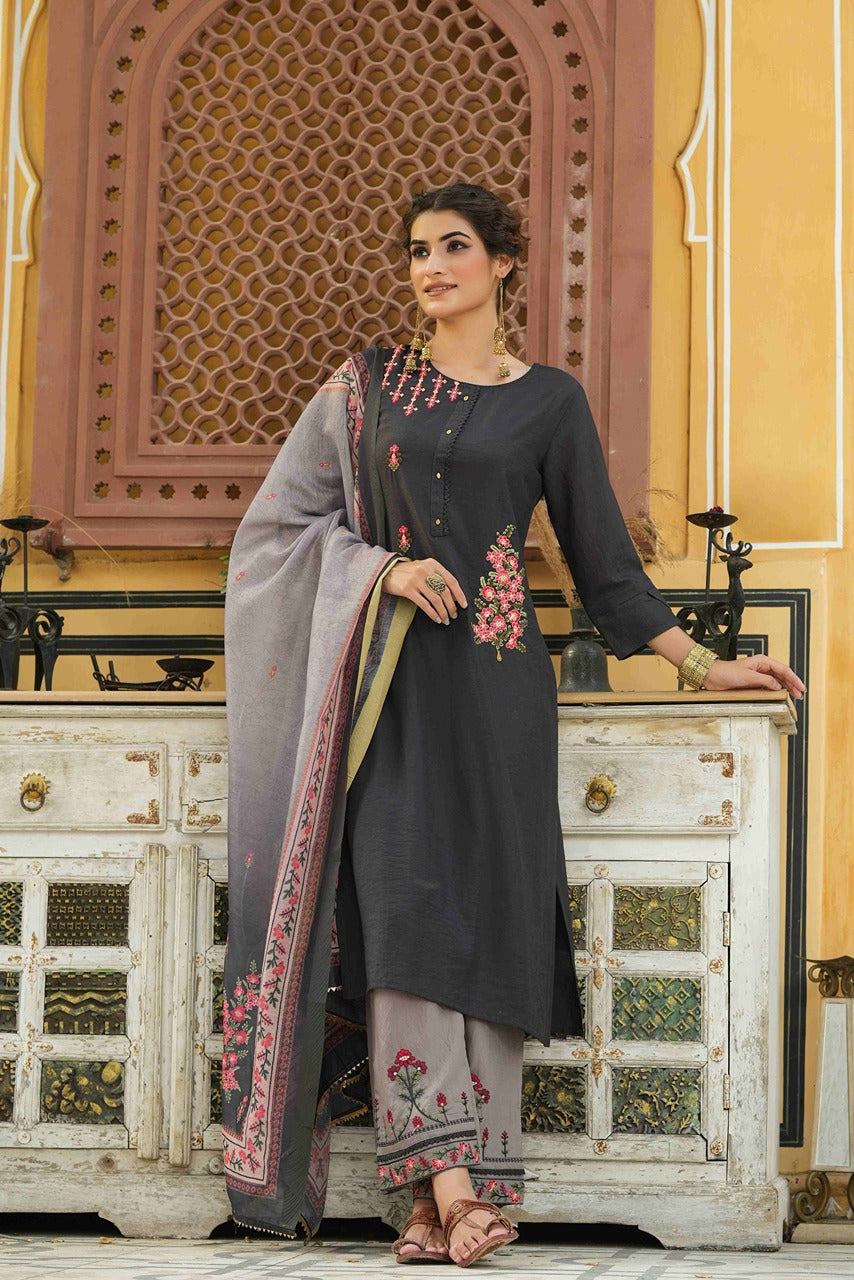 Juniper Dark Grey Mono Viscose Festive Wear Embroidered Straight Kurta Palazzo Dupatta Set