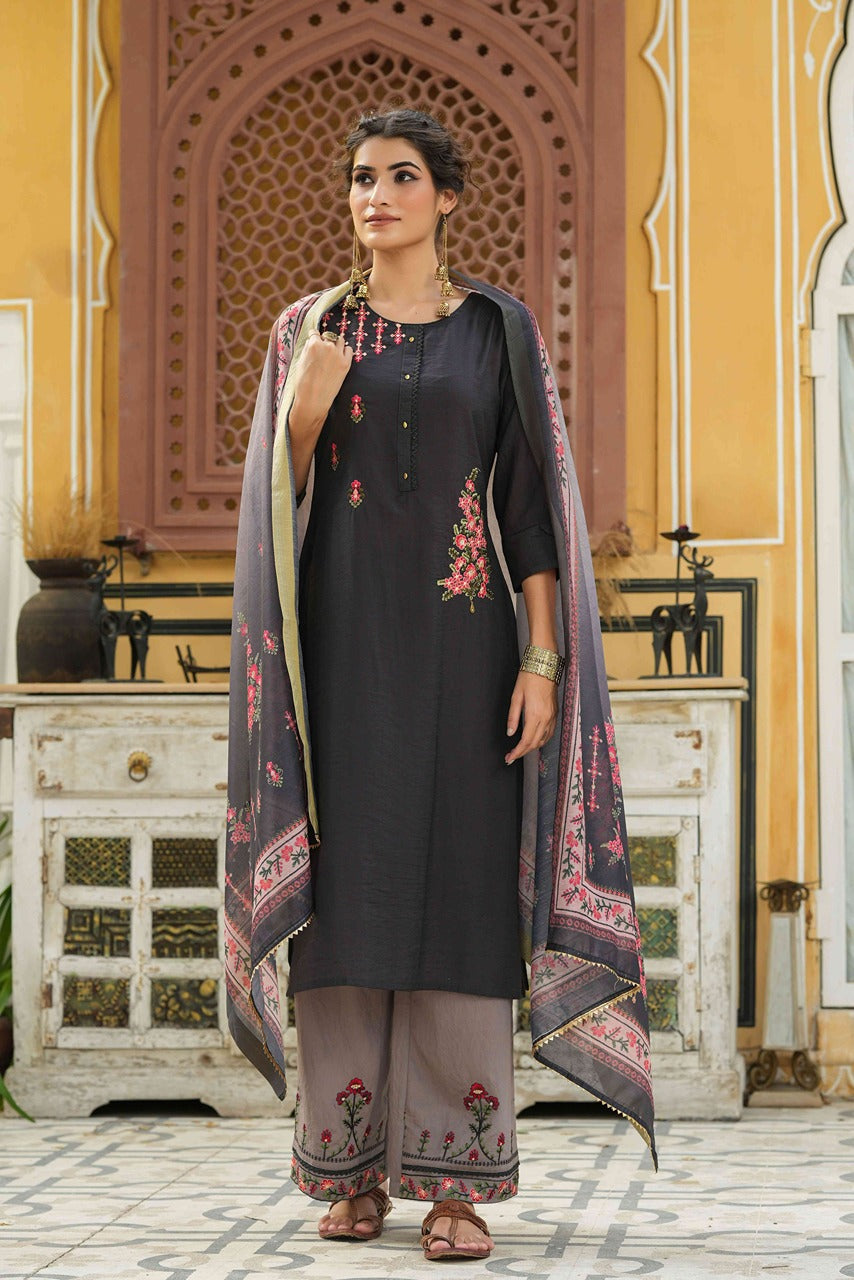 Juniper Dark Grey Mono Viscose Festive Wear Embroidered Straight Kurta Palazzo Dupatta Set